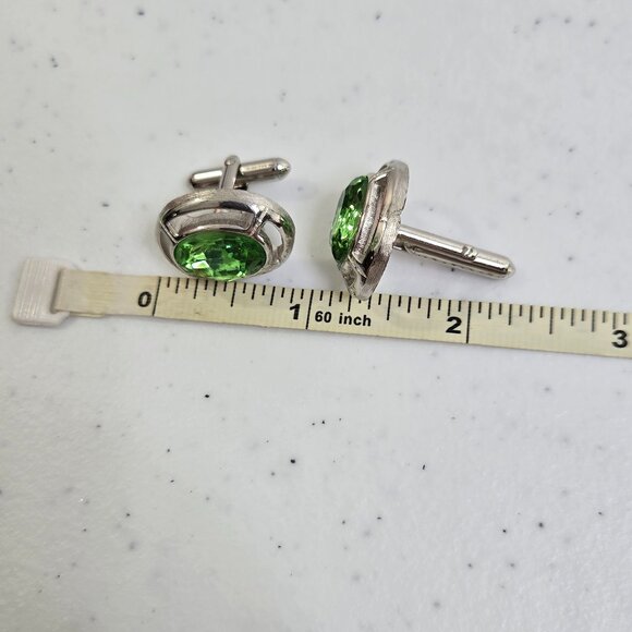 Swank Green Rhinestone Cufflinks Silver Tone Mens Oval Crystal Vintage - Picture 7 of 7